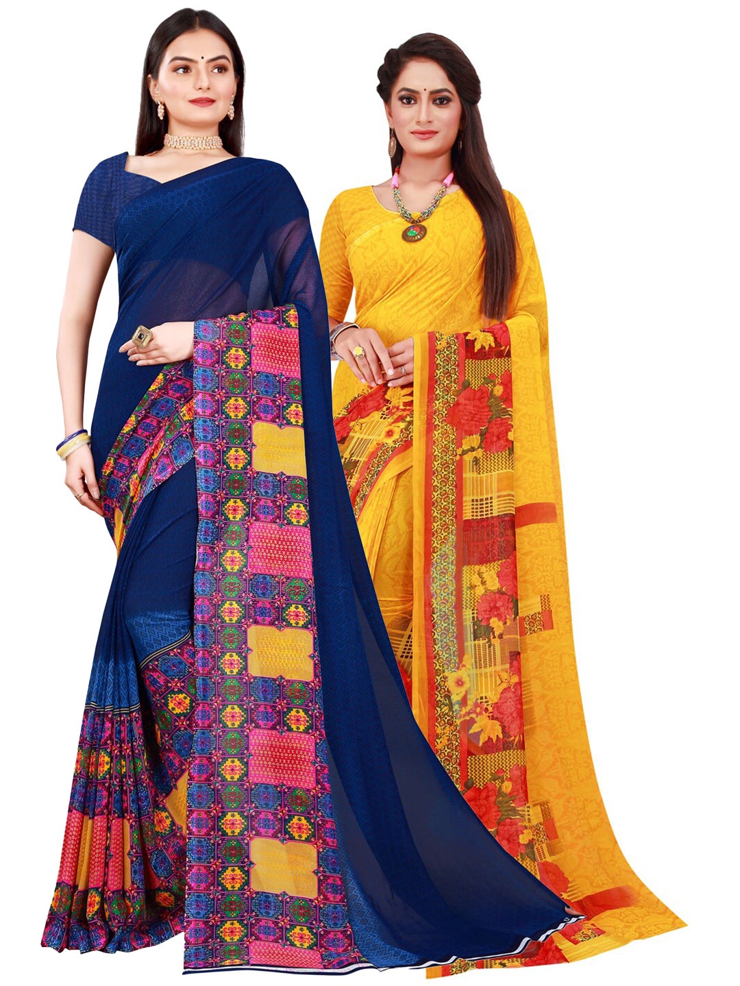 

KALINI Yellow & Pink Pure Georgette Saree