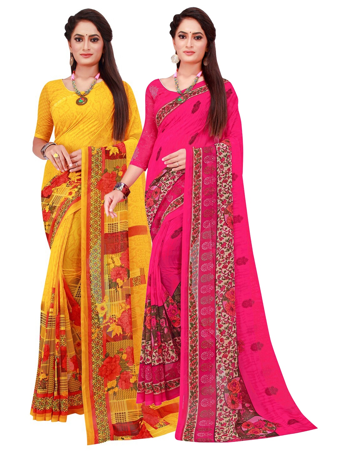 

KALINI Yellow & Pink Pure Georgette Saree