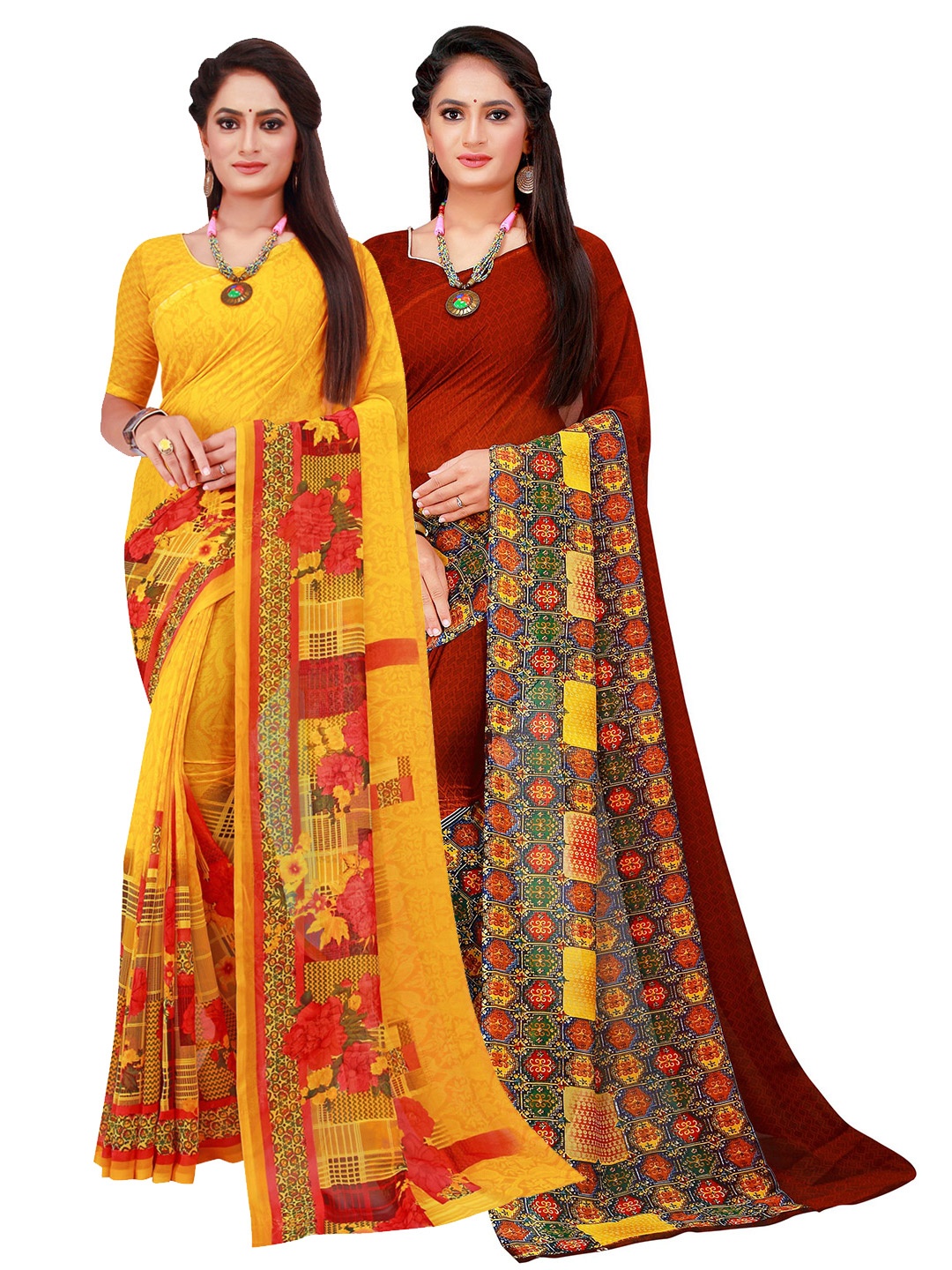

KALINI Pack of 2 Printed Pure Georgette Sarees, Yellow