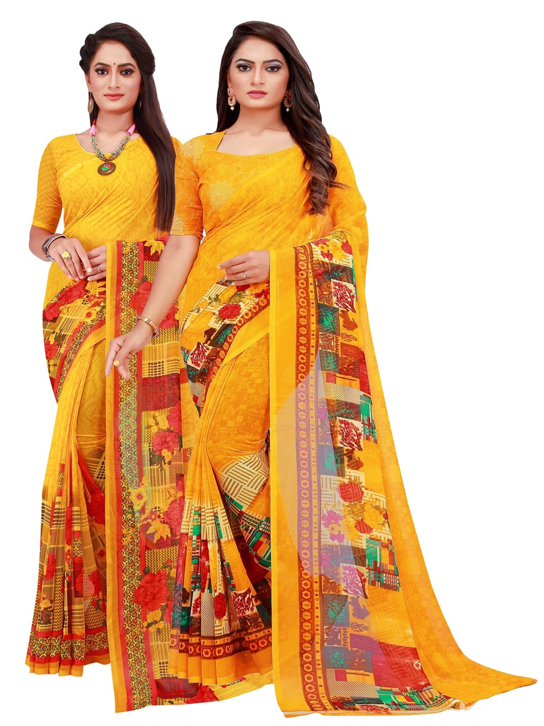 

KALINI Yellow & Red Pure Georgette Saree