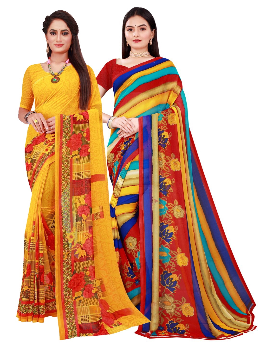 

KALINI Yellow & Blue Floral Pure Georgette Saree