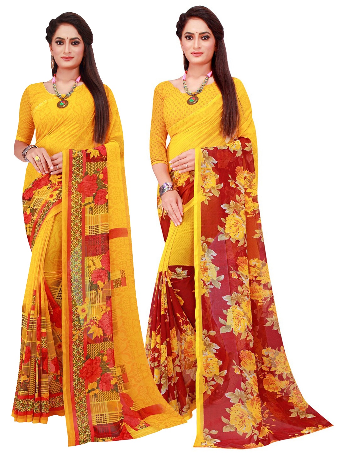 

KALINI Yellow & Red Pure Georgette Saree