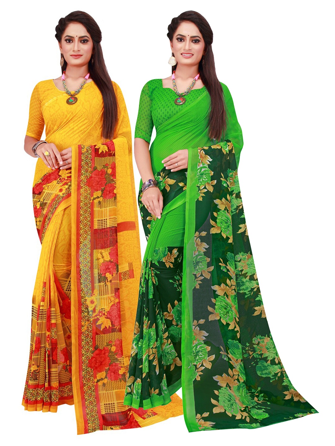 

KALINI Yellow & Green Pure Georgette Saree