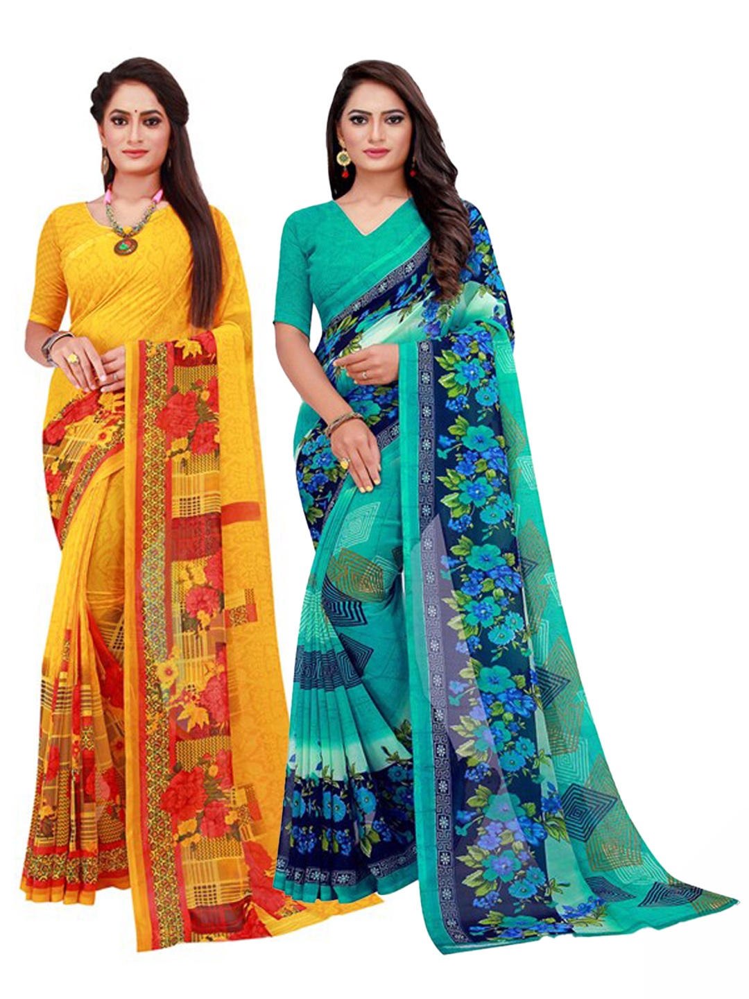 

KALINI Turquoise Blue & Yellow Pure Georgette Saree