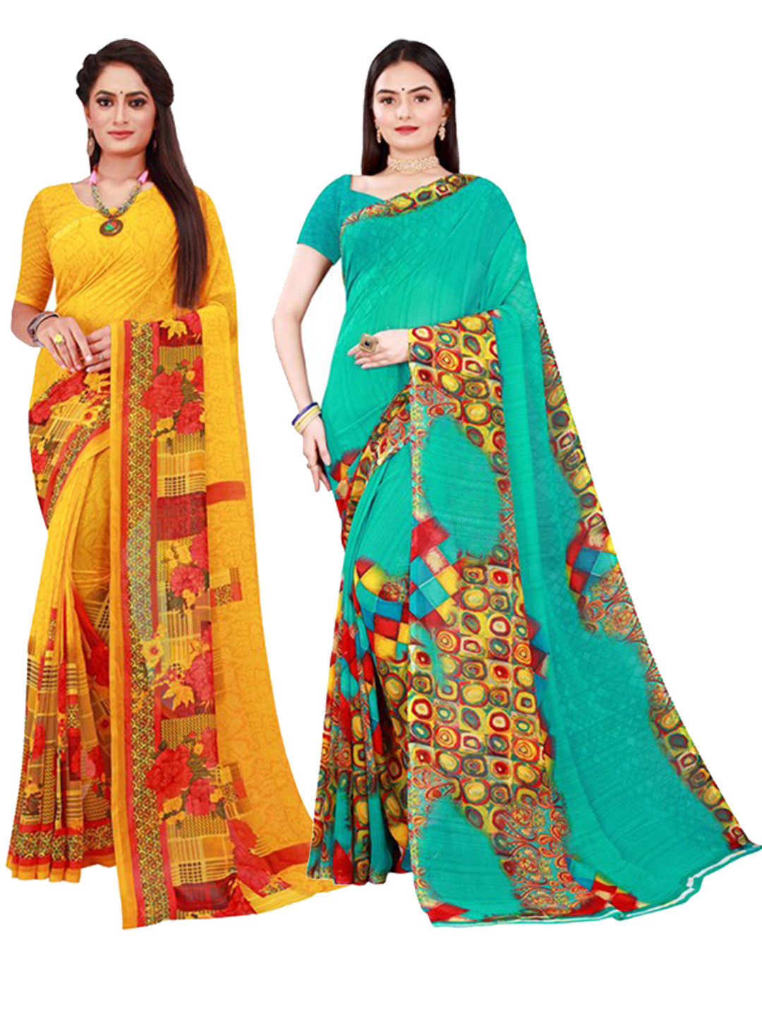 

KALINI Yellow & Red Pure Georgette Saree