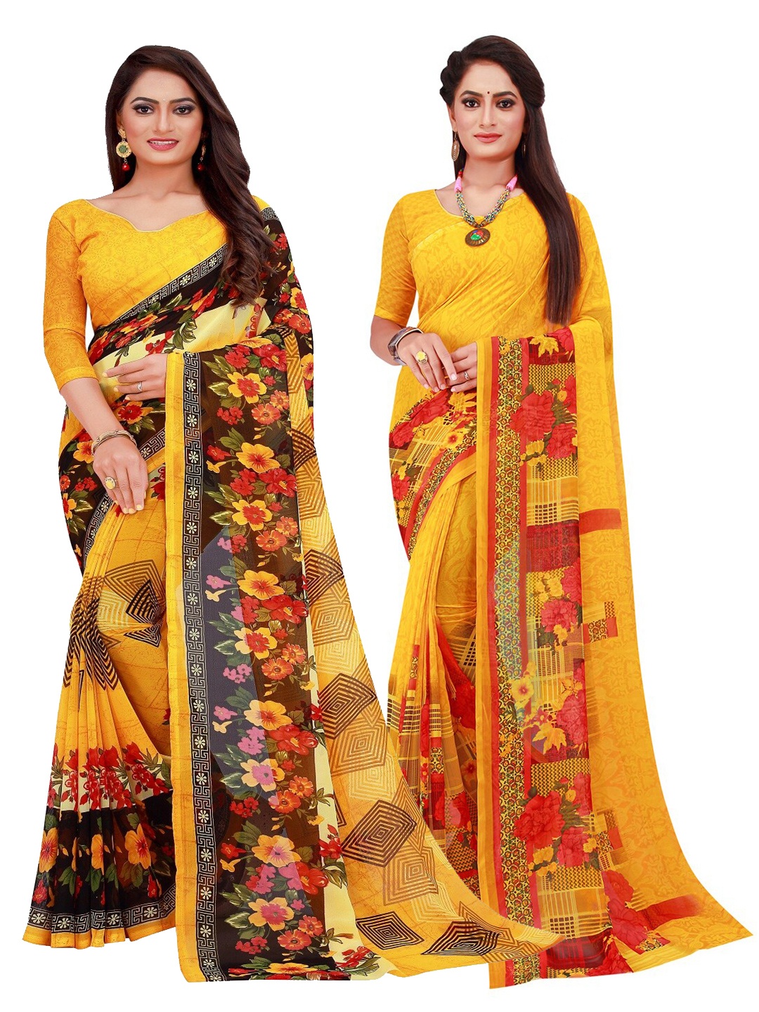 

KALINI Yellow & Red Pure Georgette Saree