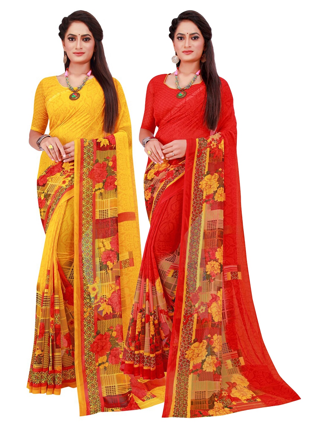 

KALINI Red & Yellow Pure Georgette Saree