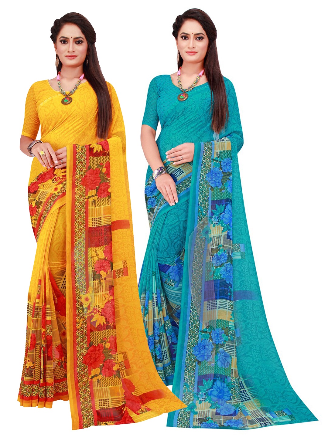 

KALINI Turquoise Blue & Yellow Pure Georgette Saree