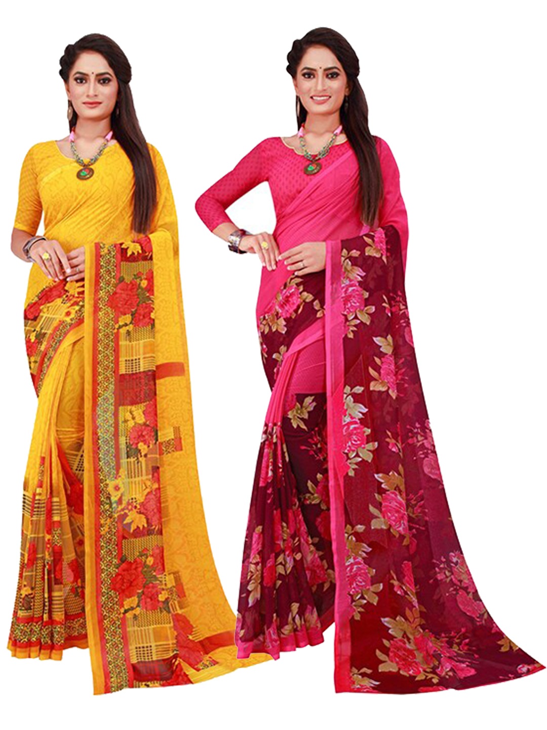 

KALINI Yellow & Red Pure Georgette Saree