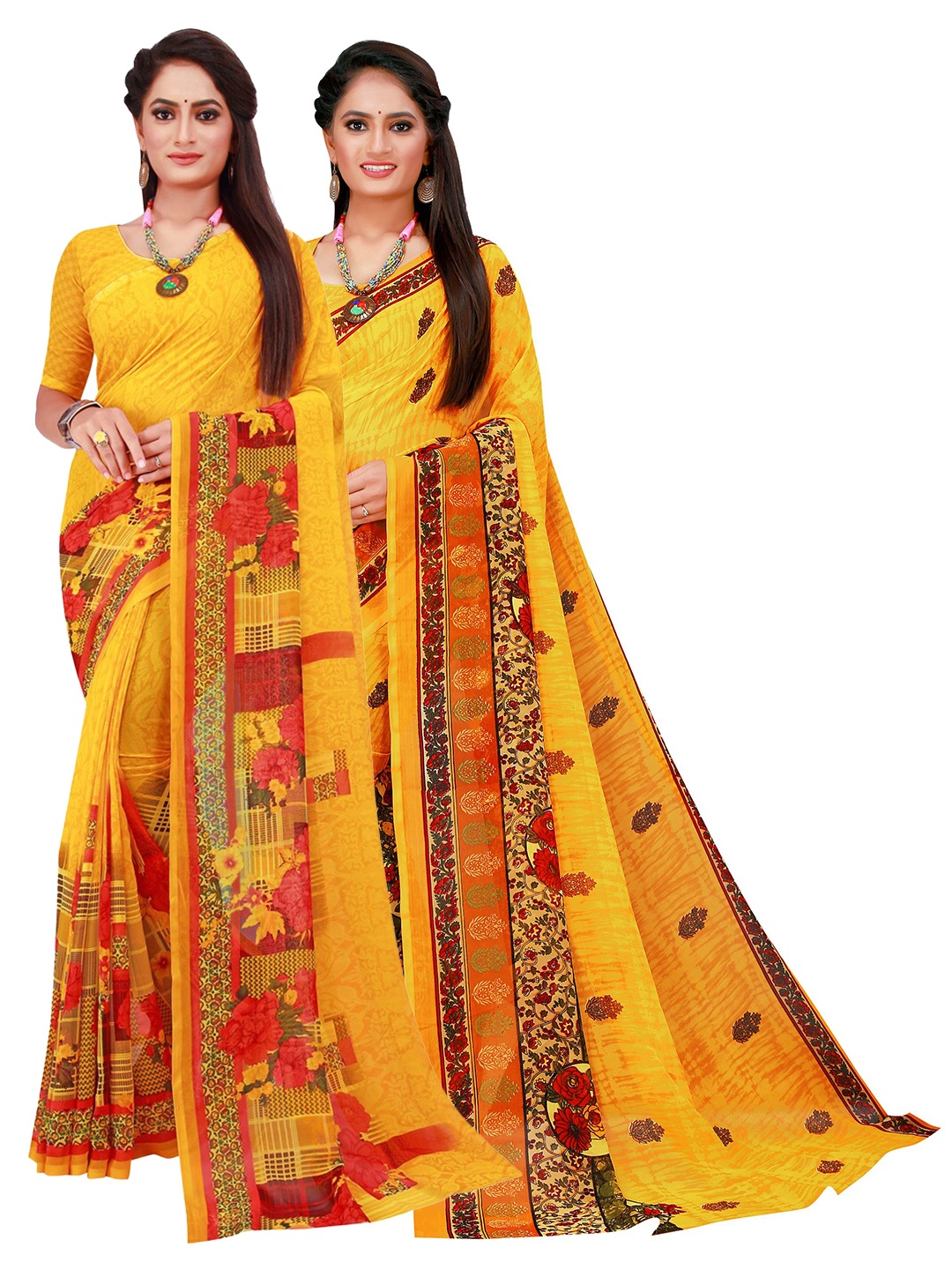 

KALINI Yellow & Red Pure Georgette Saree