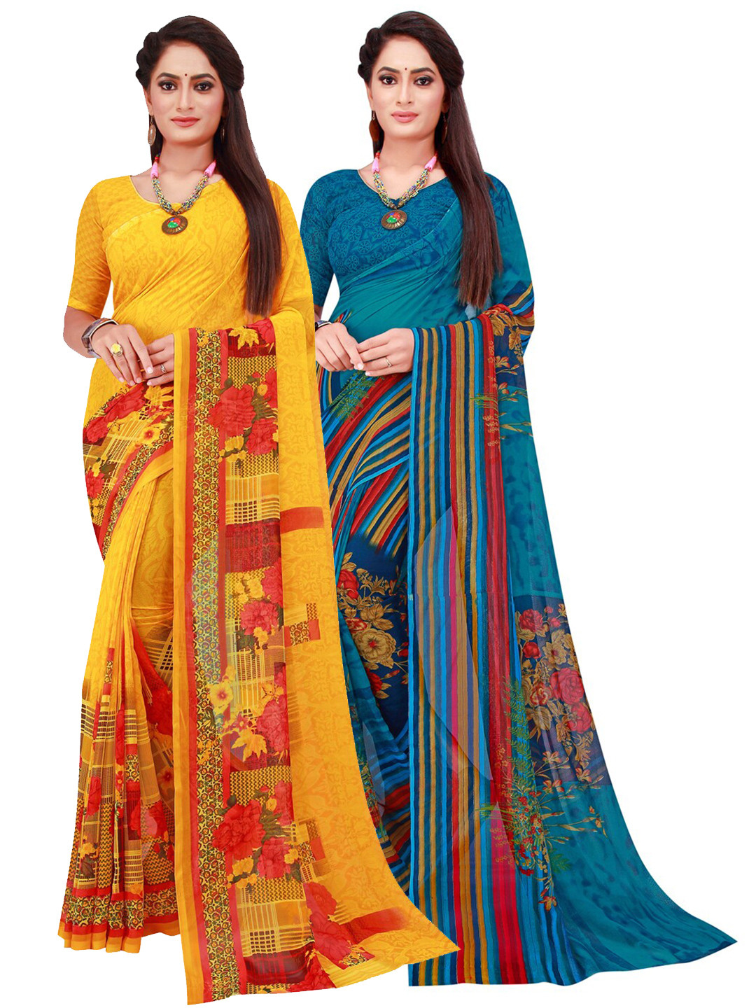 

KALINI Yellow & Blue Pure Georgette Saree