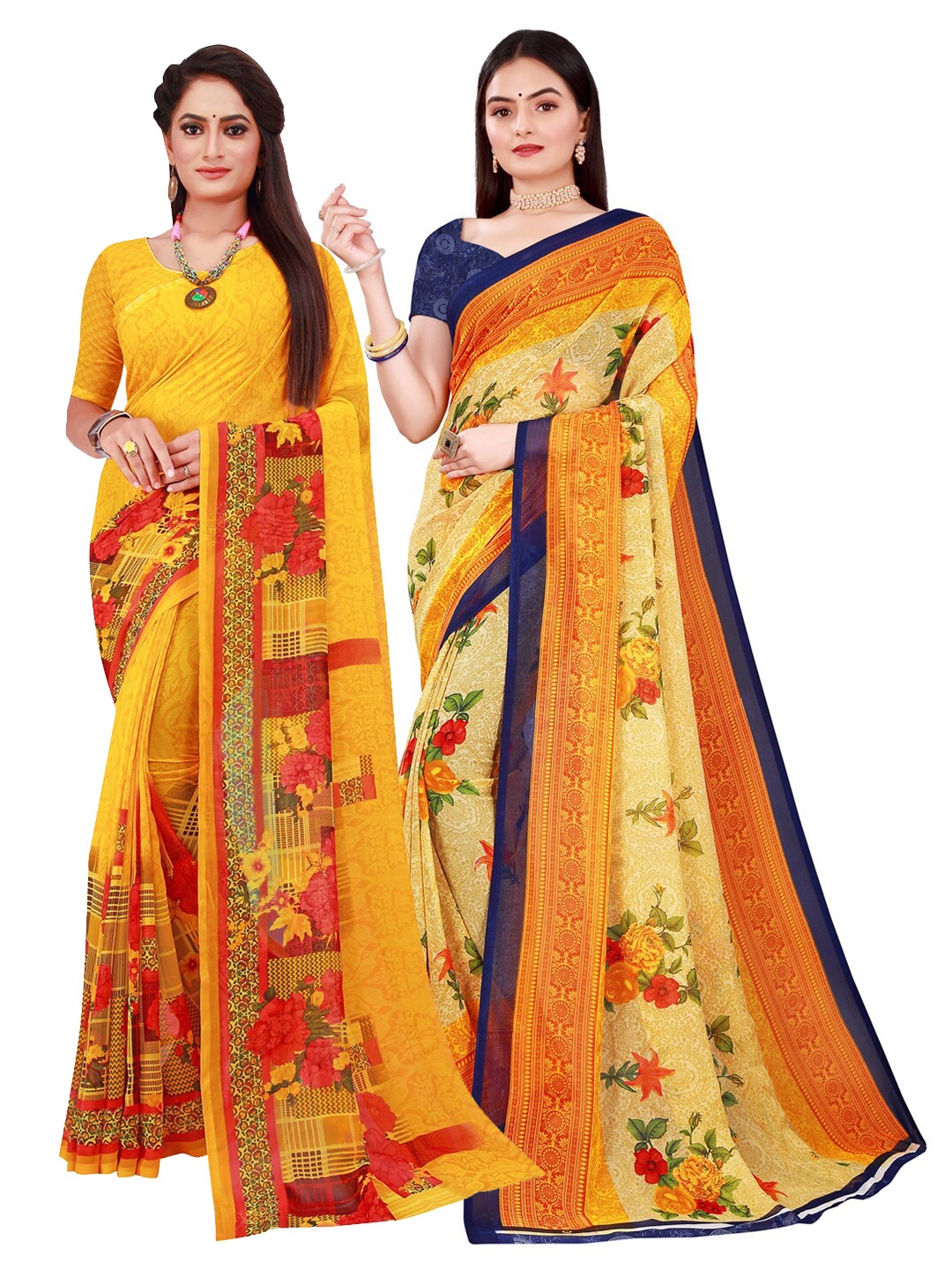 

KALINI Beige & Yellow Pure Georgette Saree
