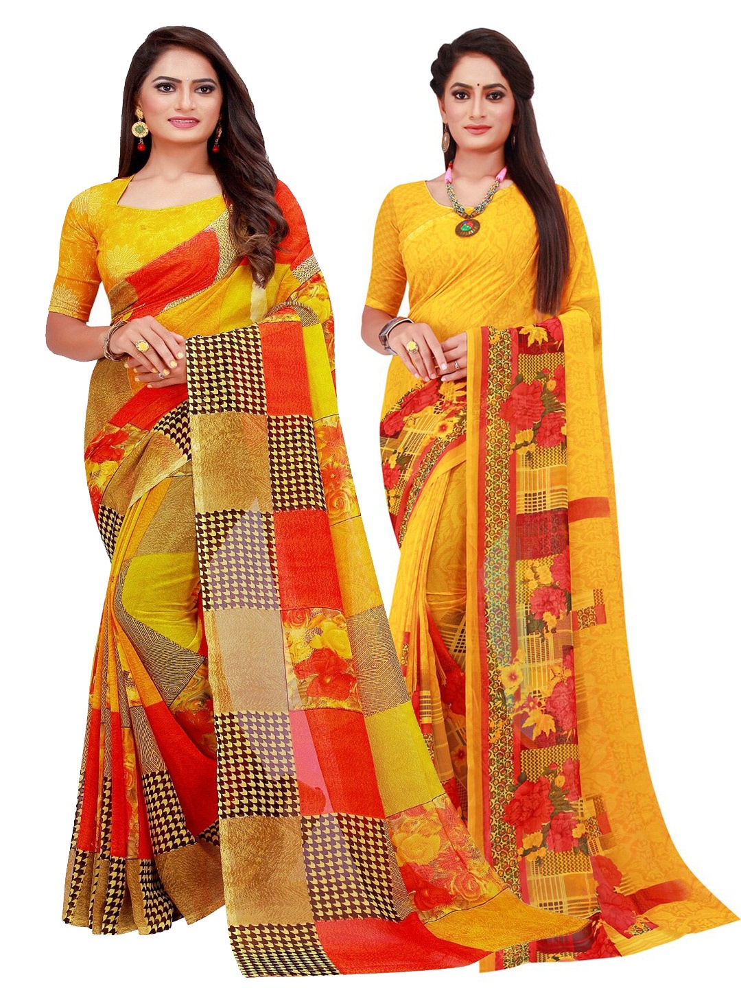 

KALINI Yellow & Red Pure Georgette Saree