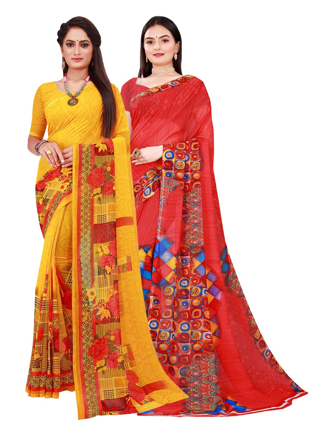 

KALINI Red & Yellow Pure Georgette Saree