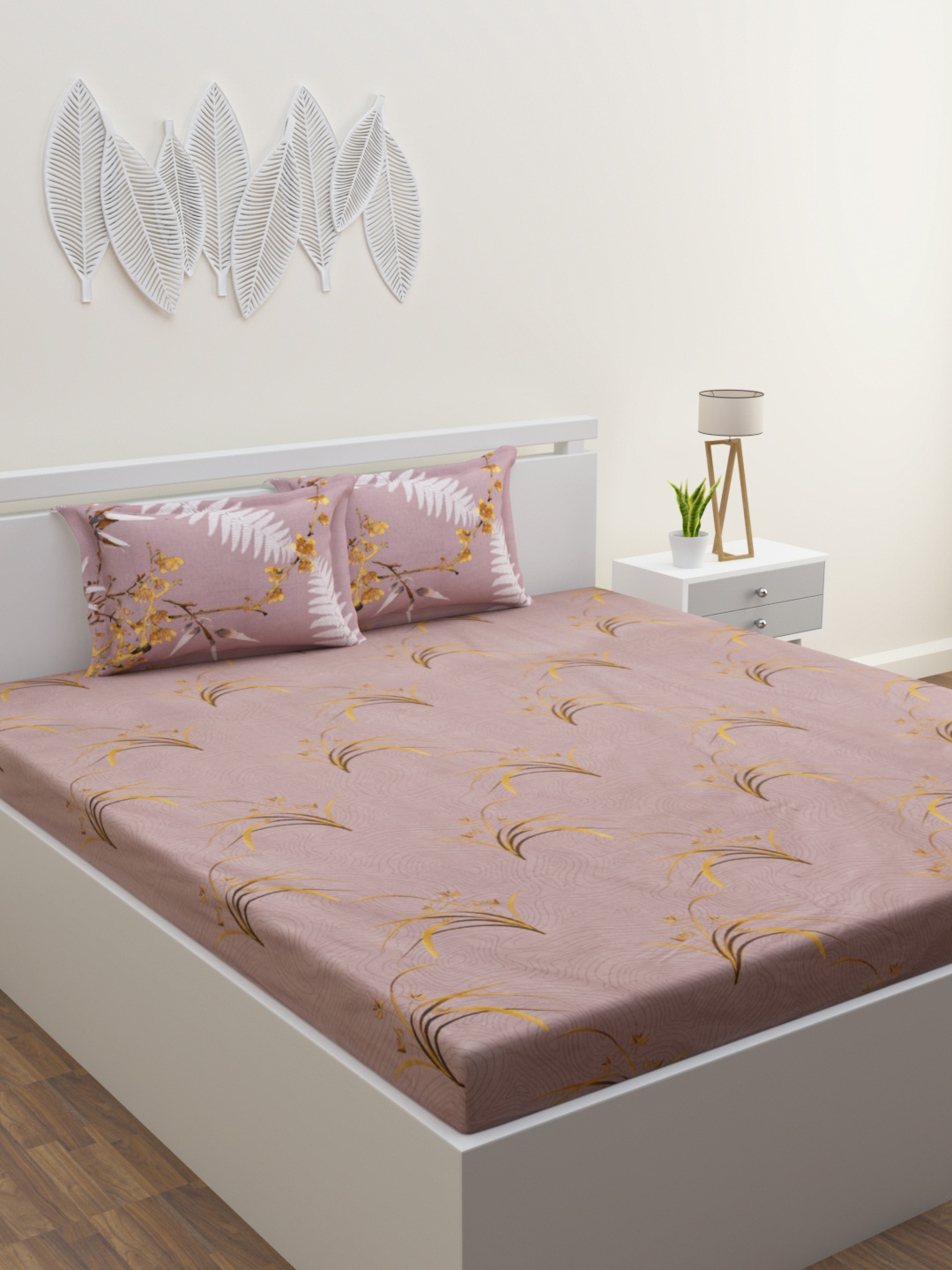 

ROMEE Pink & Yellow Floral Printed 160 TC King Cotton Bedsheet with 2 Pillow Covers