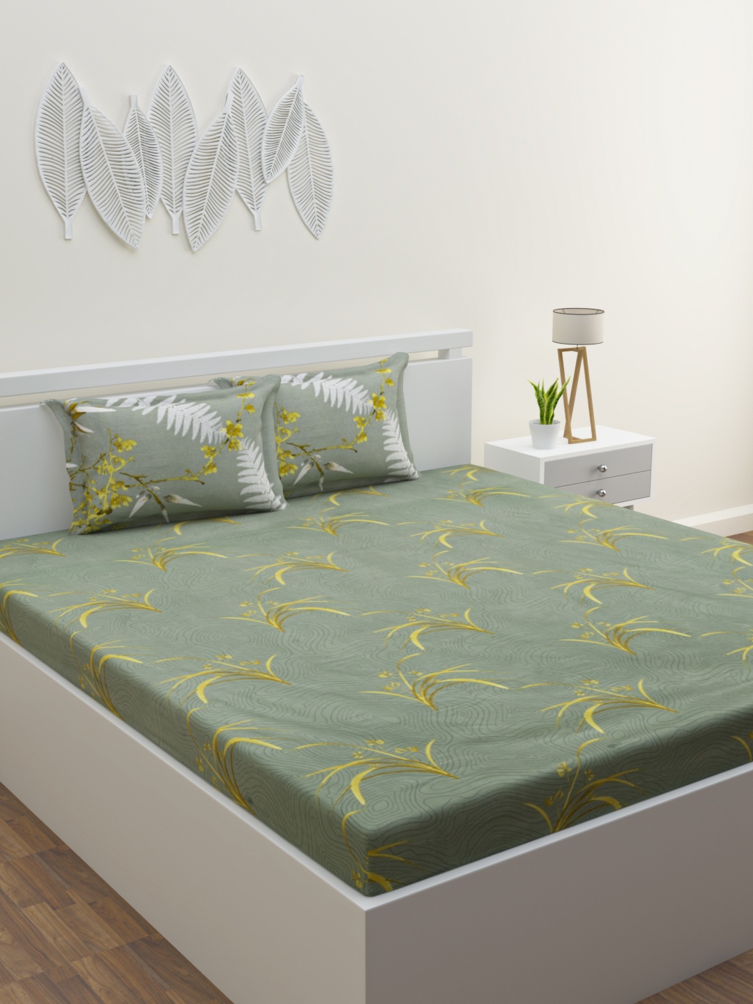 

ROMEE Green & Yellow Floral 160 TC King Cotton Bedsheet with 2 Pillow Covers