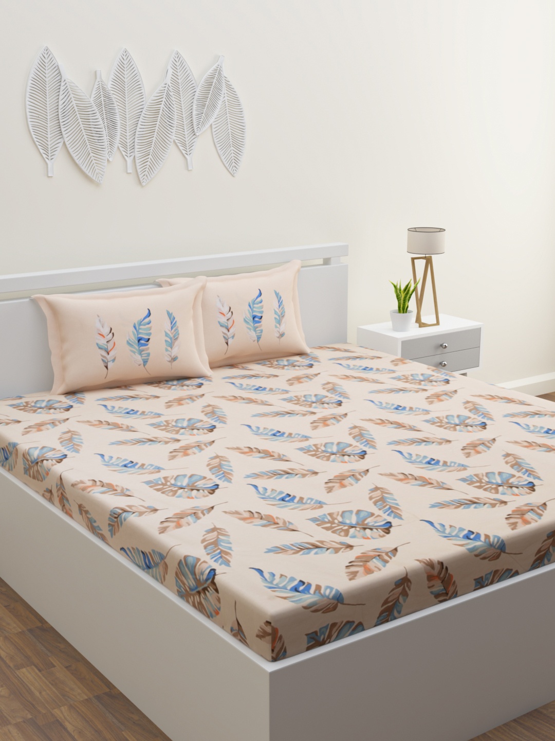 

ROMEE Peach-Coloured & Blue Floral 160 TC King Cotton Bedsheet with 2 Pillow Covers