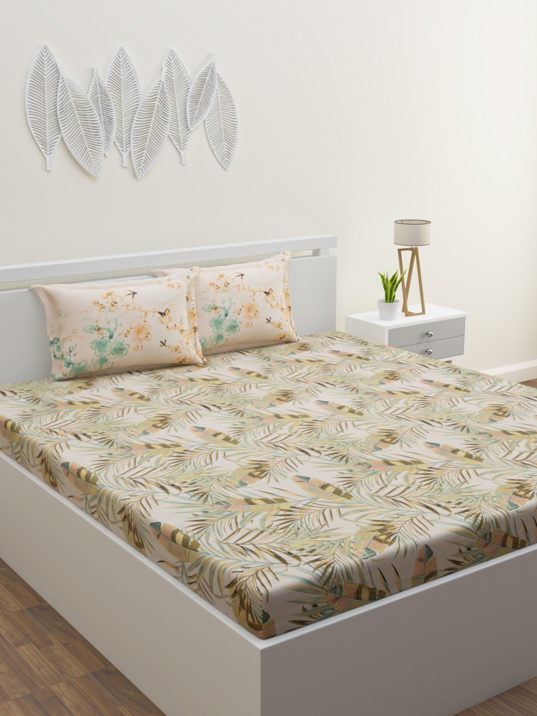 

ROMEE Beige & Pink Floral 160 TC Cotton King Bedsheet with 2 Pillow Covers