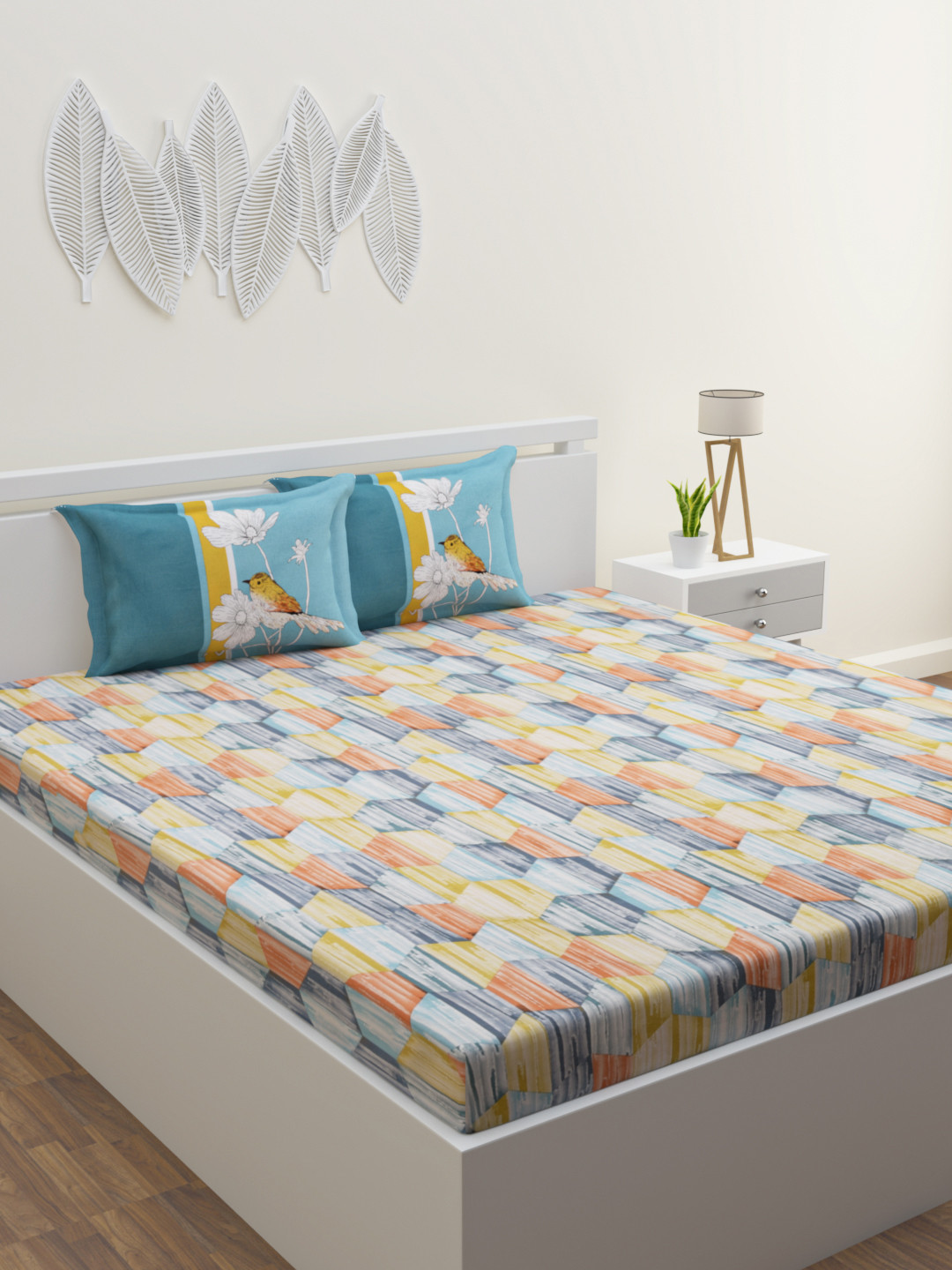 

ROMEE Blue & Yellow 160 TC King Geometric Cotton Bedsheet with 2 Pillow Covers