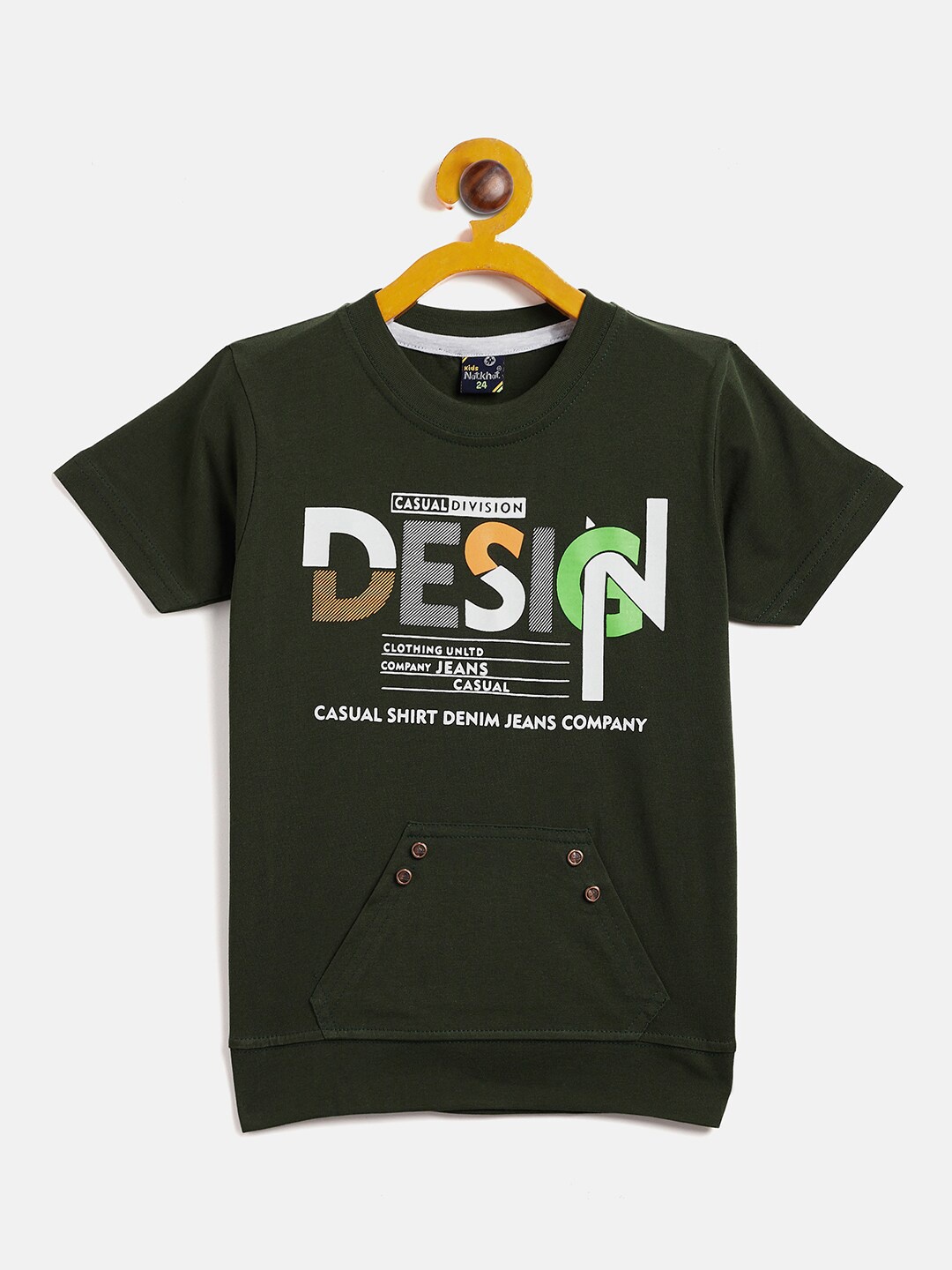 

Camey Boys Olive Green Typography Printed Applique Slim Fit T-shirt