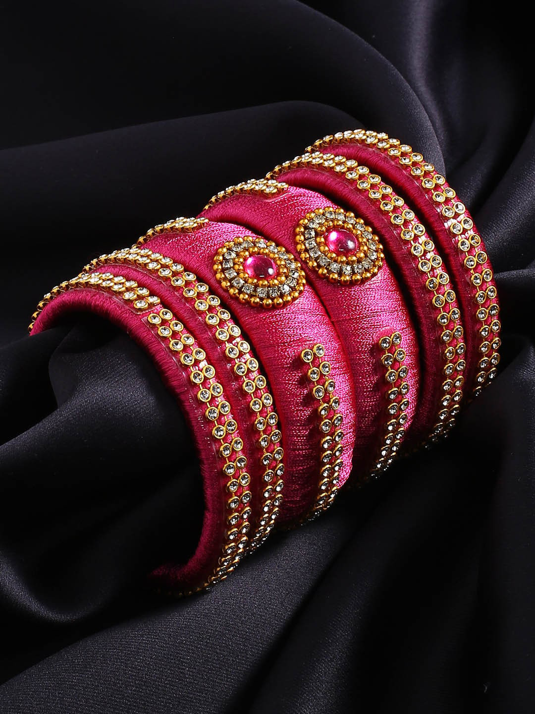 

AKSHARA Set Of 6 Pink Silk Threaded & Beaded Handcrafted Bangle