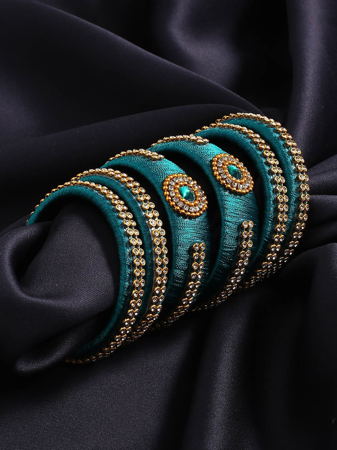 

AKSHARA Set of 6 Gold-Plated Green & White Stone Studded & Beaded Handcrafted Bangles
