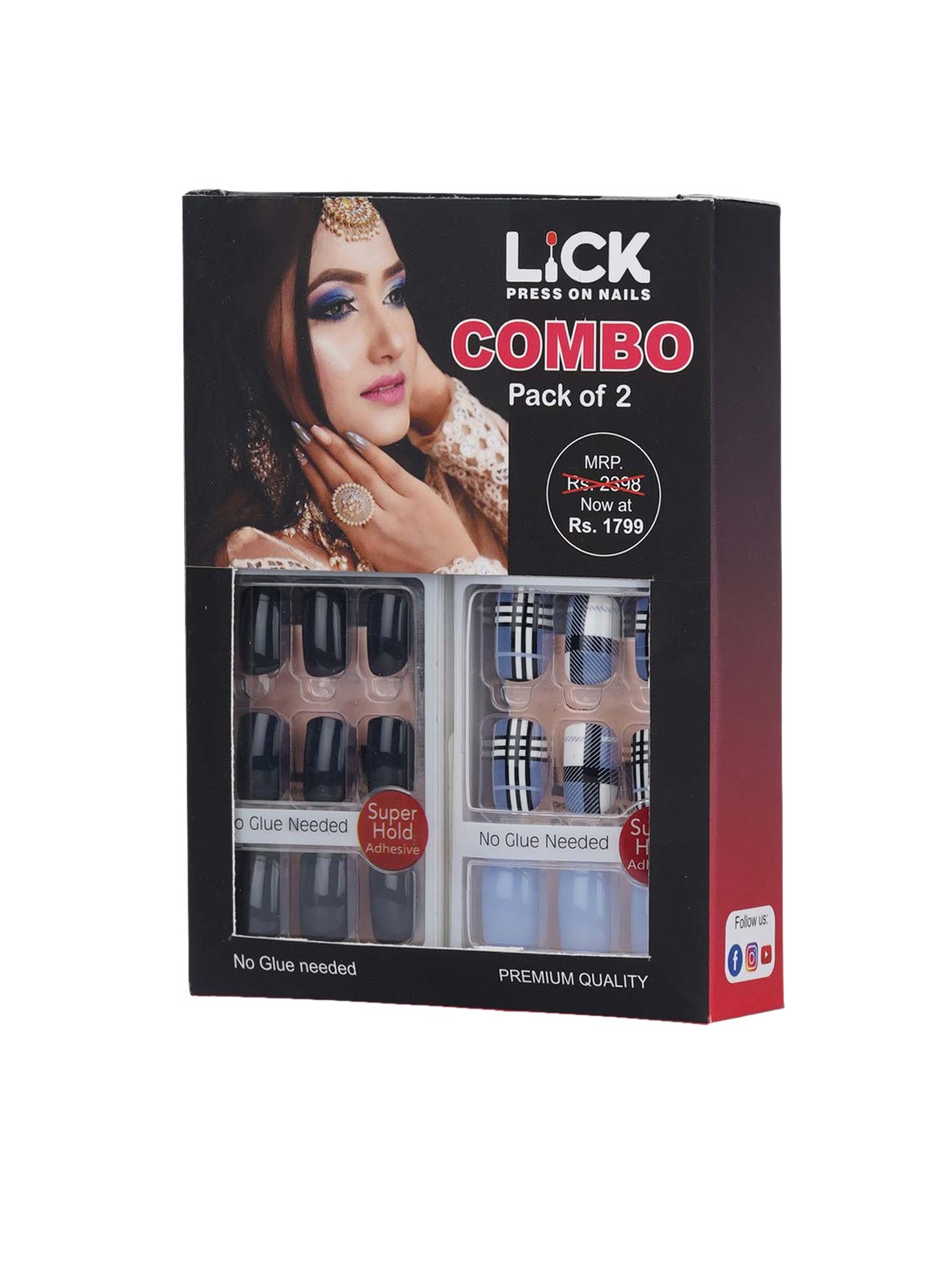 

LICK Set of 2 Artificial Reusable Acrylic Nail Extensions - 30 Pcs Each - LC-11, Black