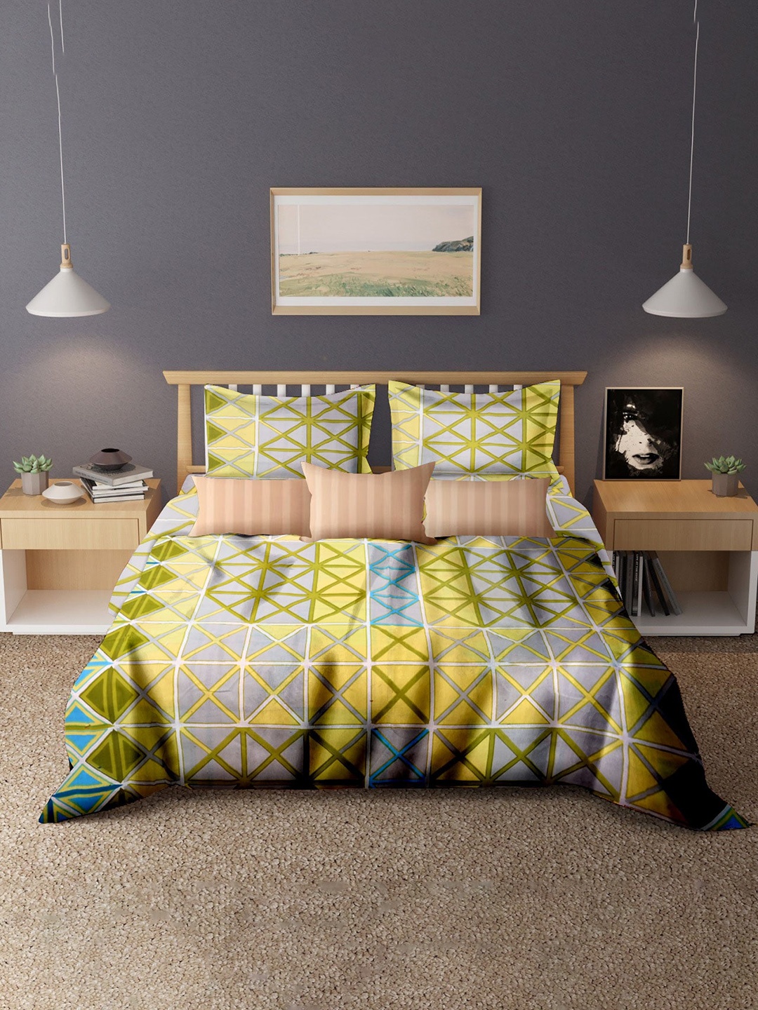 

Cortina Green & Blue Geometric 104 TC Queen Bedsheet with 2 Pillow Covers