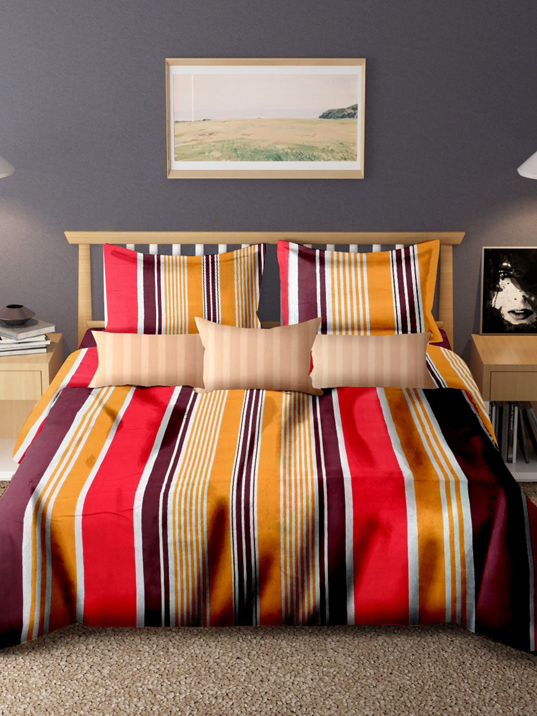 

Cortina Burgundy & Fuchsia Striped 104 TC Cotton Queen Bedsheet with 2 Pillow Covers