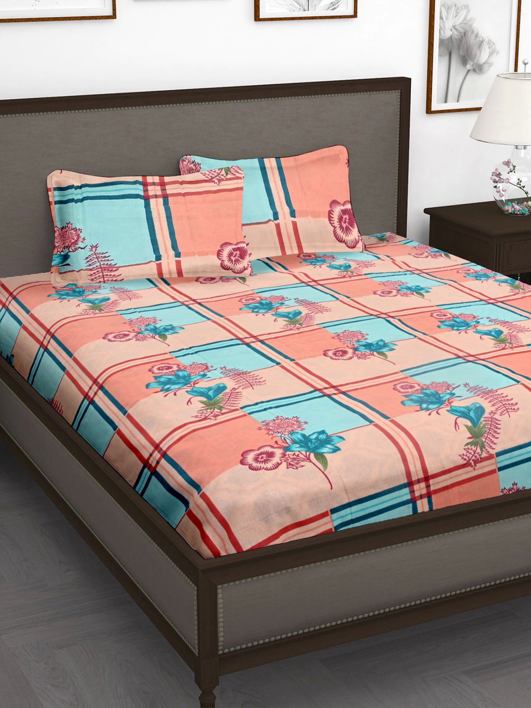 

Cortina Peach-Coloured & Blue Floral 104 TC Queen Bedsheet with 2 Pillow Covers