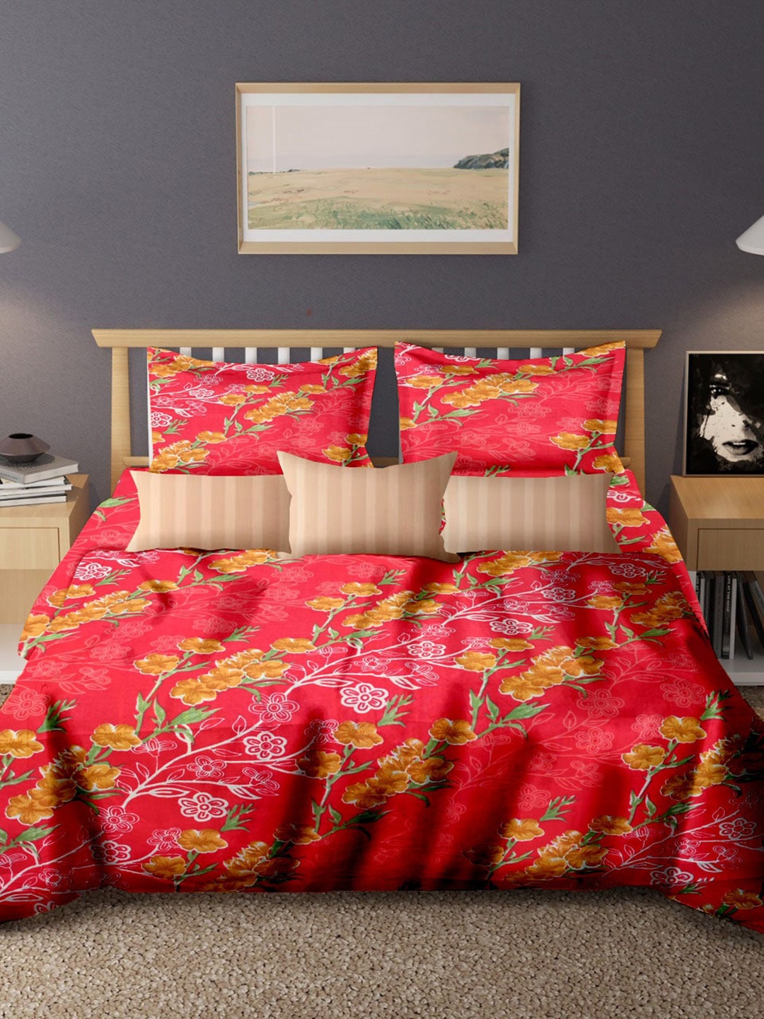 

Cortina Pink & Orange Floral 104 TC Queen Bedsheet with 2 Pillow Covers