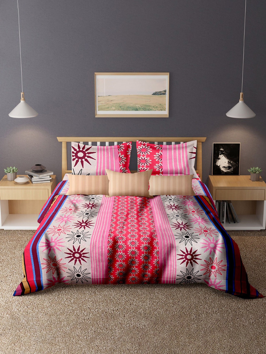 

Cortina Pink & White Floral 104 TC Cotton Queen Bedsheet With 2 Pillow Covers