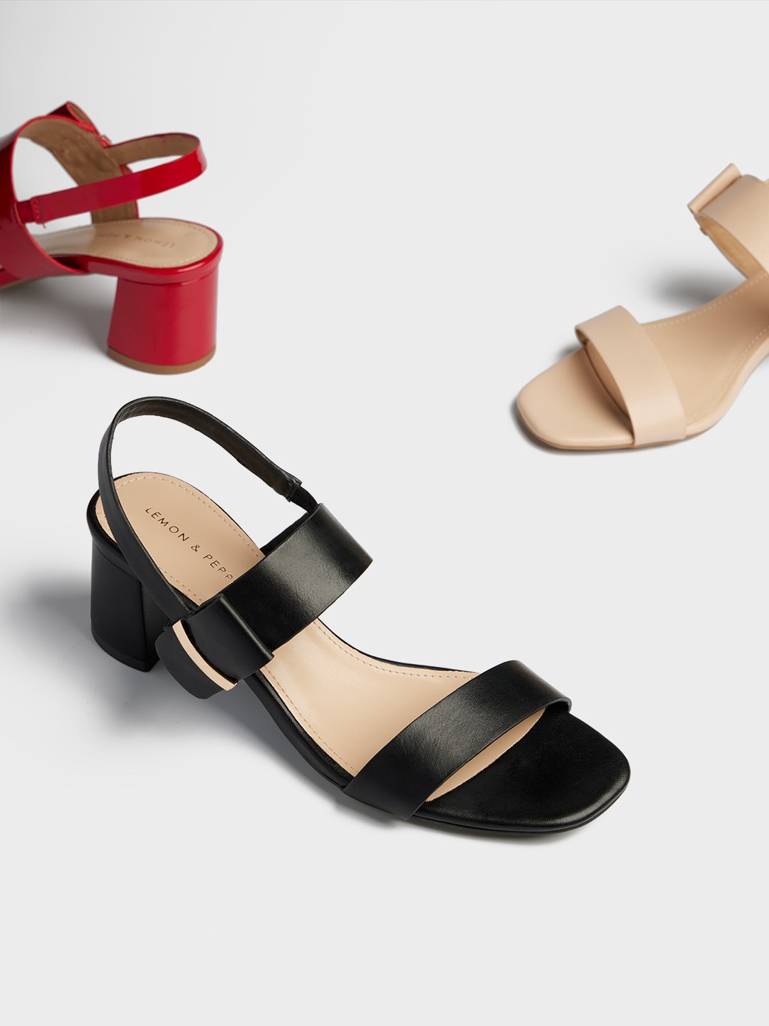 

LEMON & PEPPER Black PU Block Sandals with Buckles