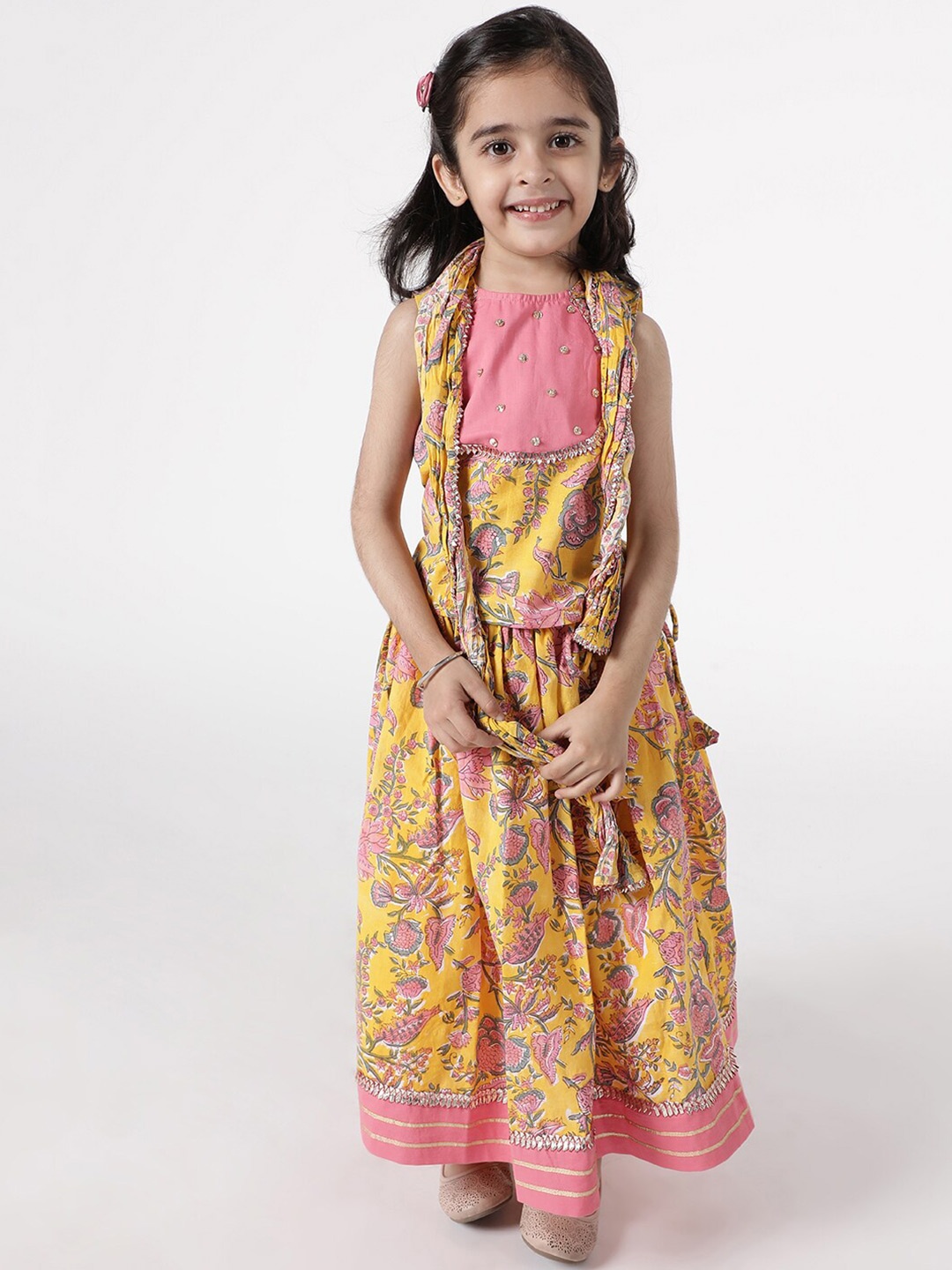 

A Little Fable Girls Yellow & Pink Printed Ready to Wear Lehenga & Blouse With Dupatta