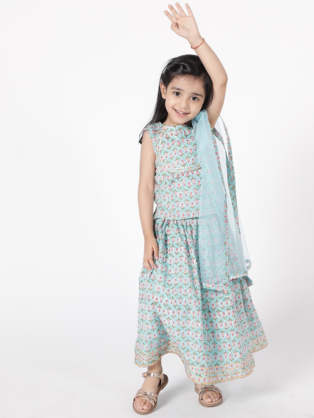 

A Little Fable Girls Blue & Pink Printed Ready to Wear Lehenga & Blouse With Dupatta