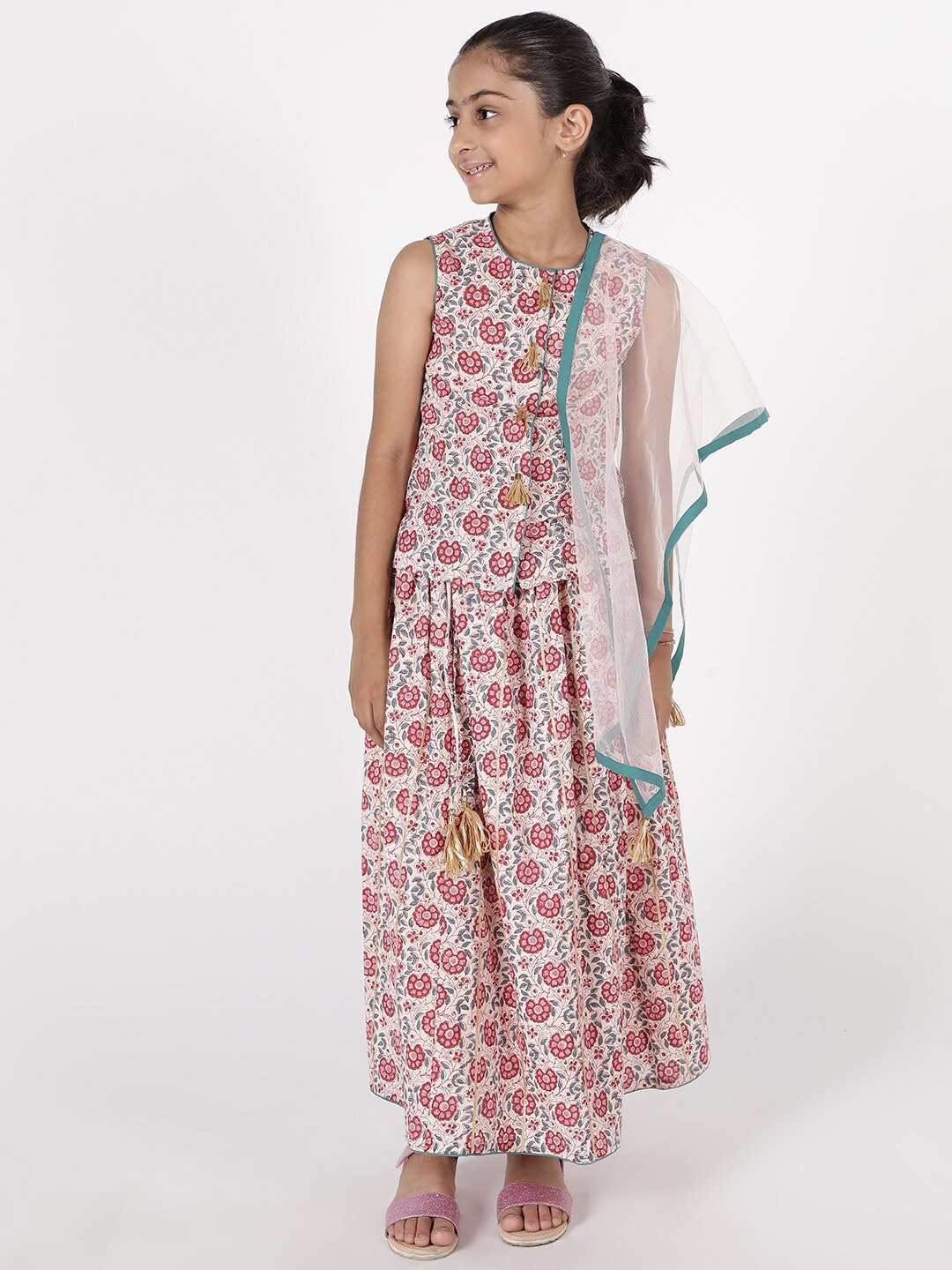 

A Little Fable Girls Peach-Coloured & Grey Printed Ready to Wear Lehenga & Blouse With Dupatta