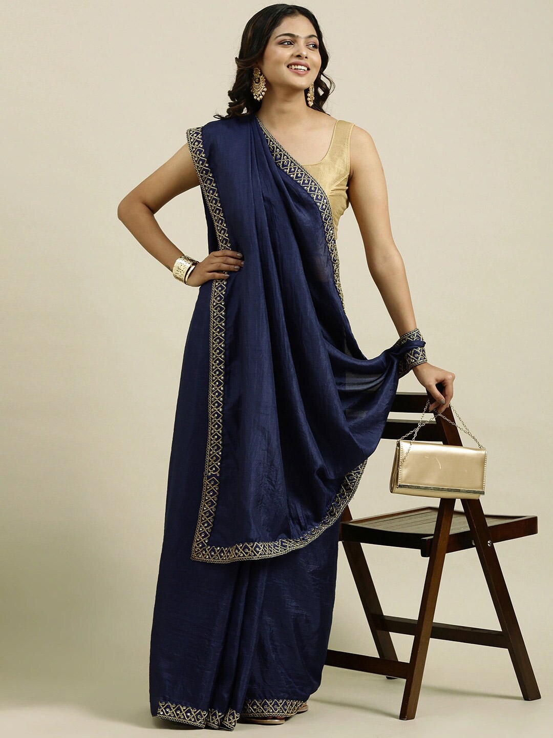 

KALINI Blue & Gold-Toned Embroidered Silk Blend Saree