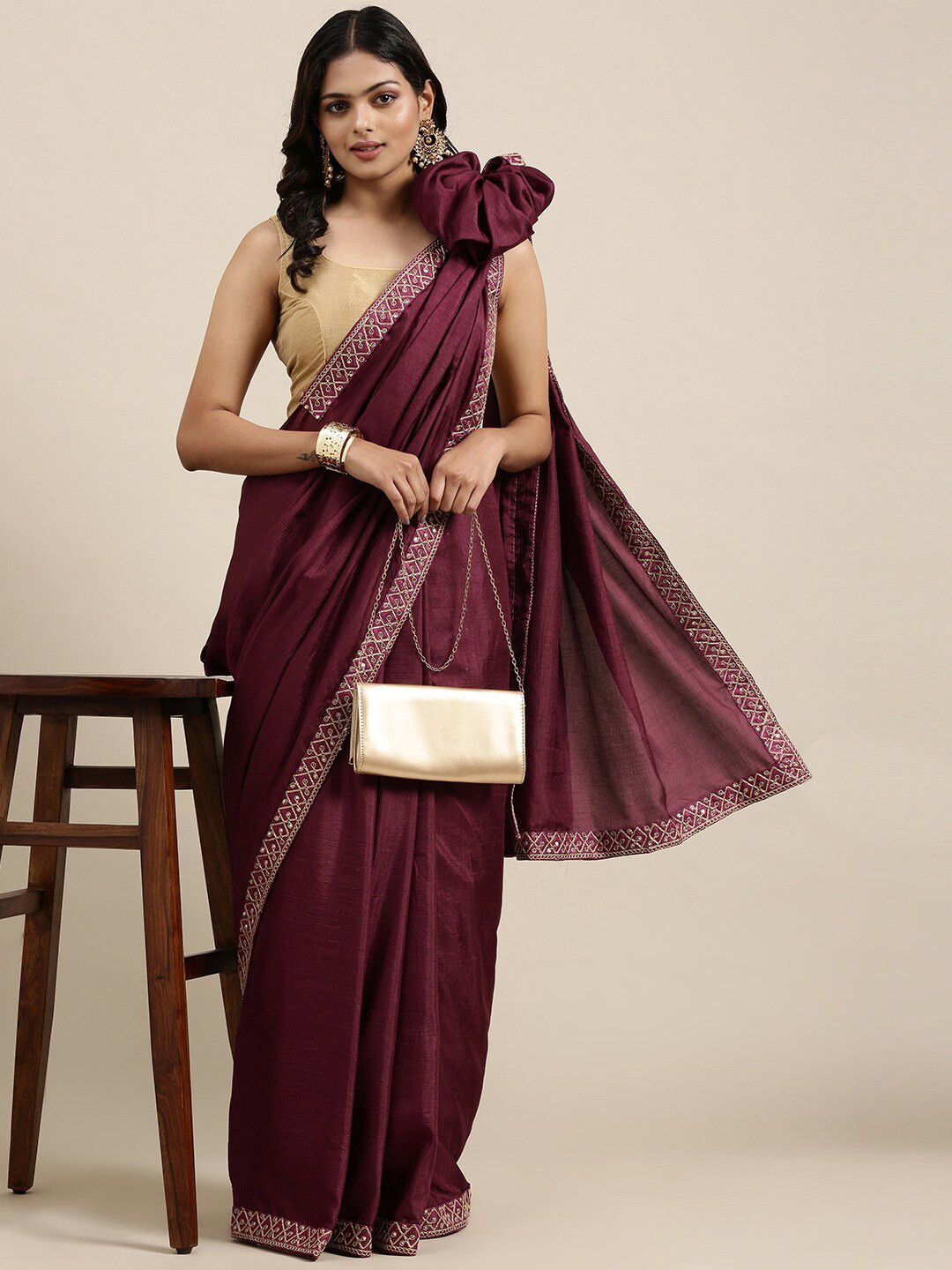 

KALINI Purple & Gold-Toned Embellished Embroidered Silk Blend Saree