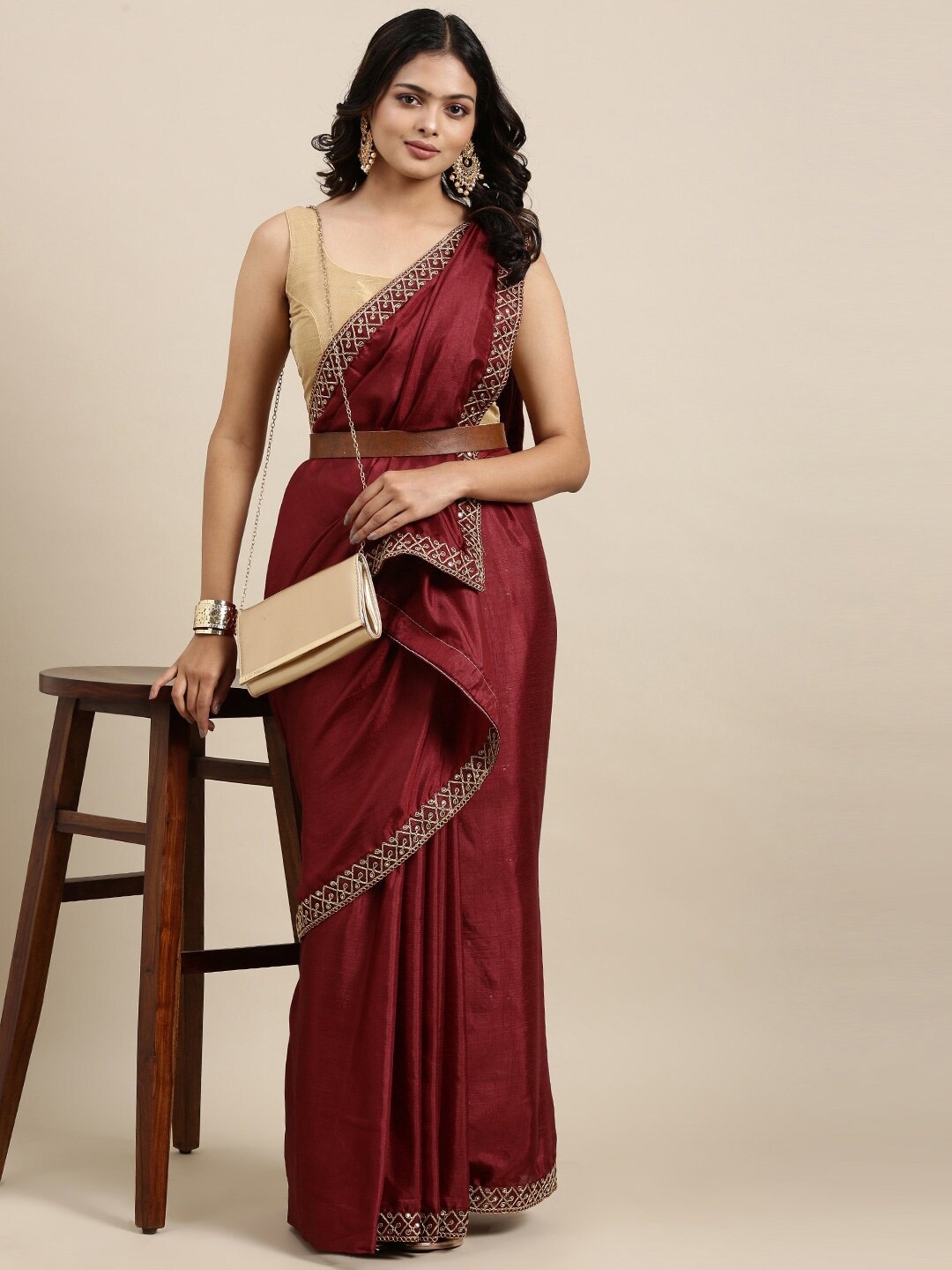 

KALINI Maroon & Silver-Toned Embroidered Silk Blend Saree
