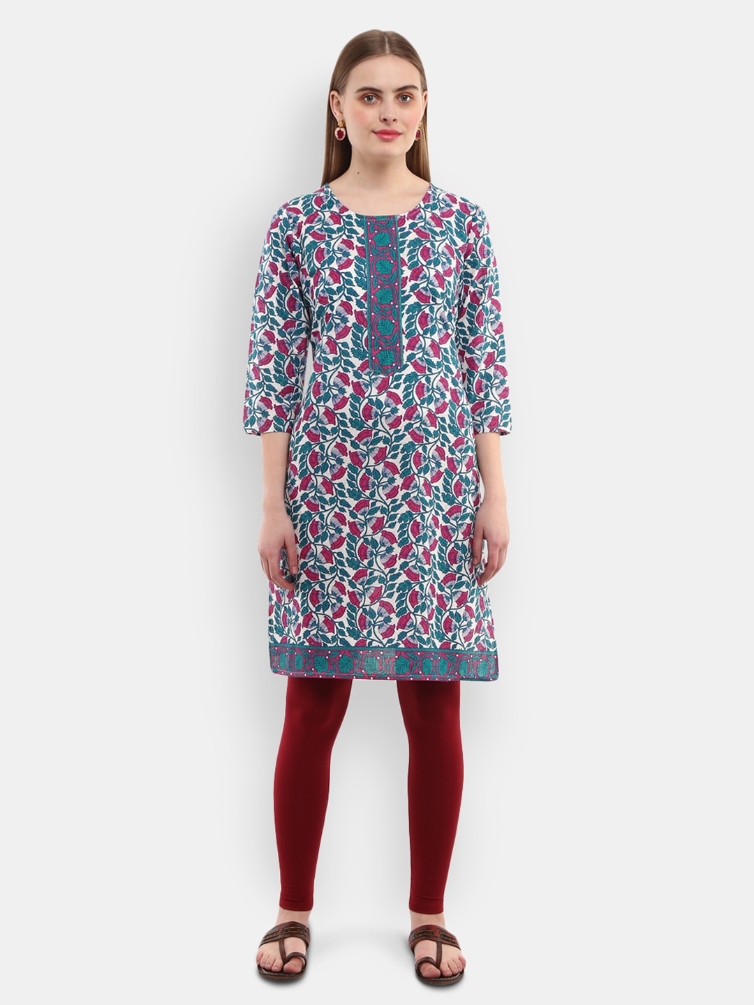 

V-Mart Women Off White Floral Printed Thread Work Kurta