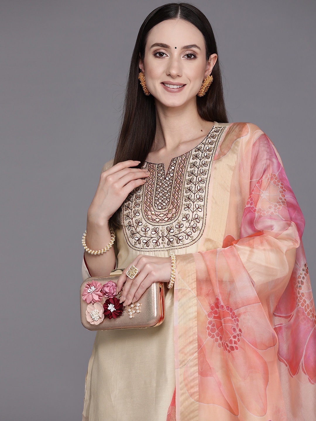 

Indo Era Women Beige Yoke Design Kurta with Palazzos & Dupatta