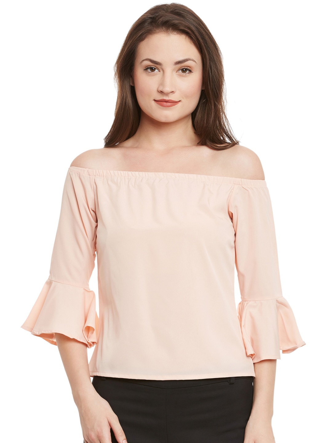 

Popnetic Women Peach-Coloured Crepe Bardot Top