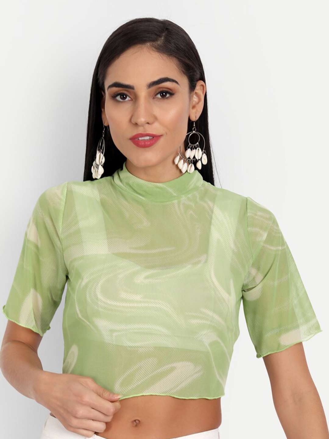 

ESSQUE Green Floral Print Net Crop Top