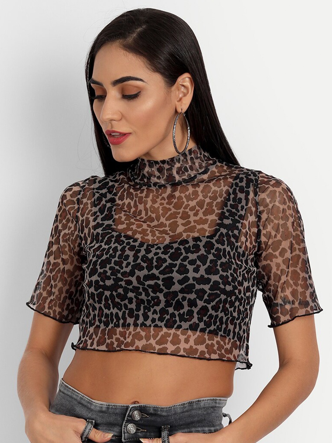 

ESSQUE Brown Animal Print Net Crop Top