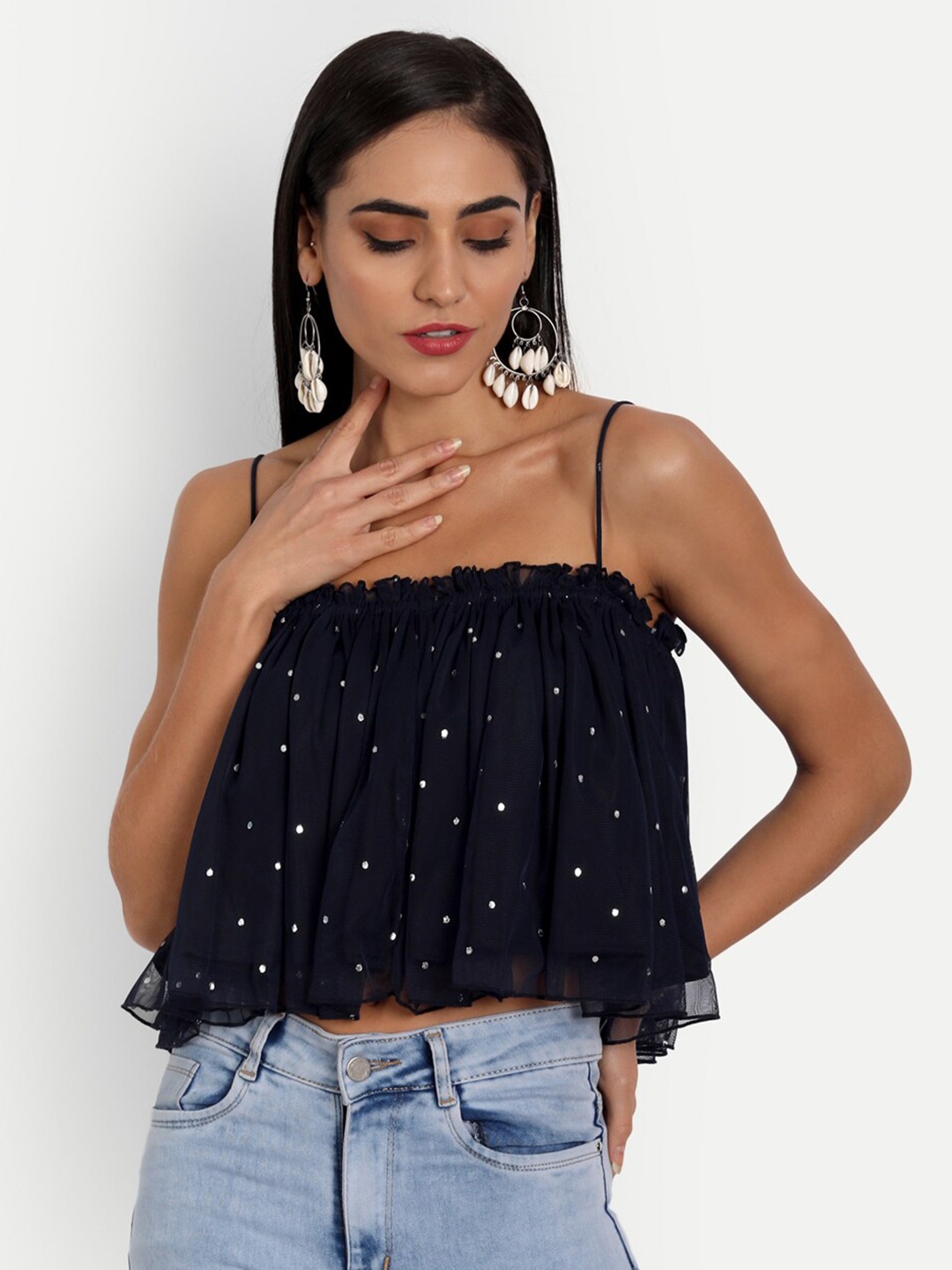 

ESSQUE Women Blue Printed Net Crop Top