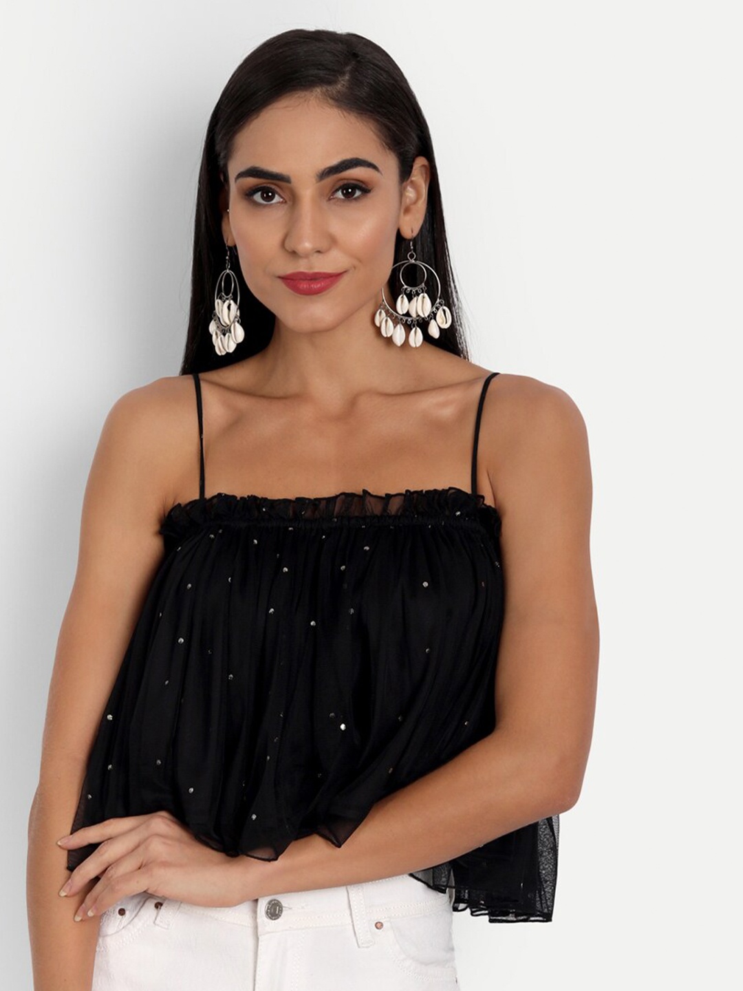 

ESSQUE Women Black Embellished Net Blouson Crop Top