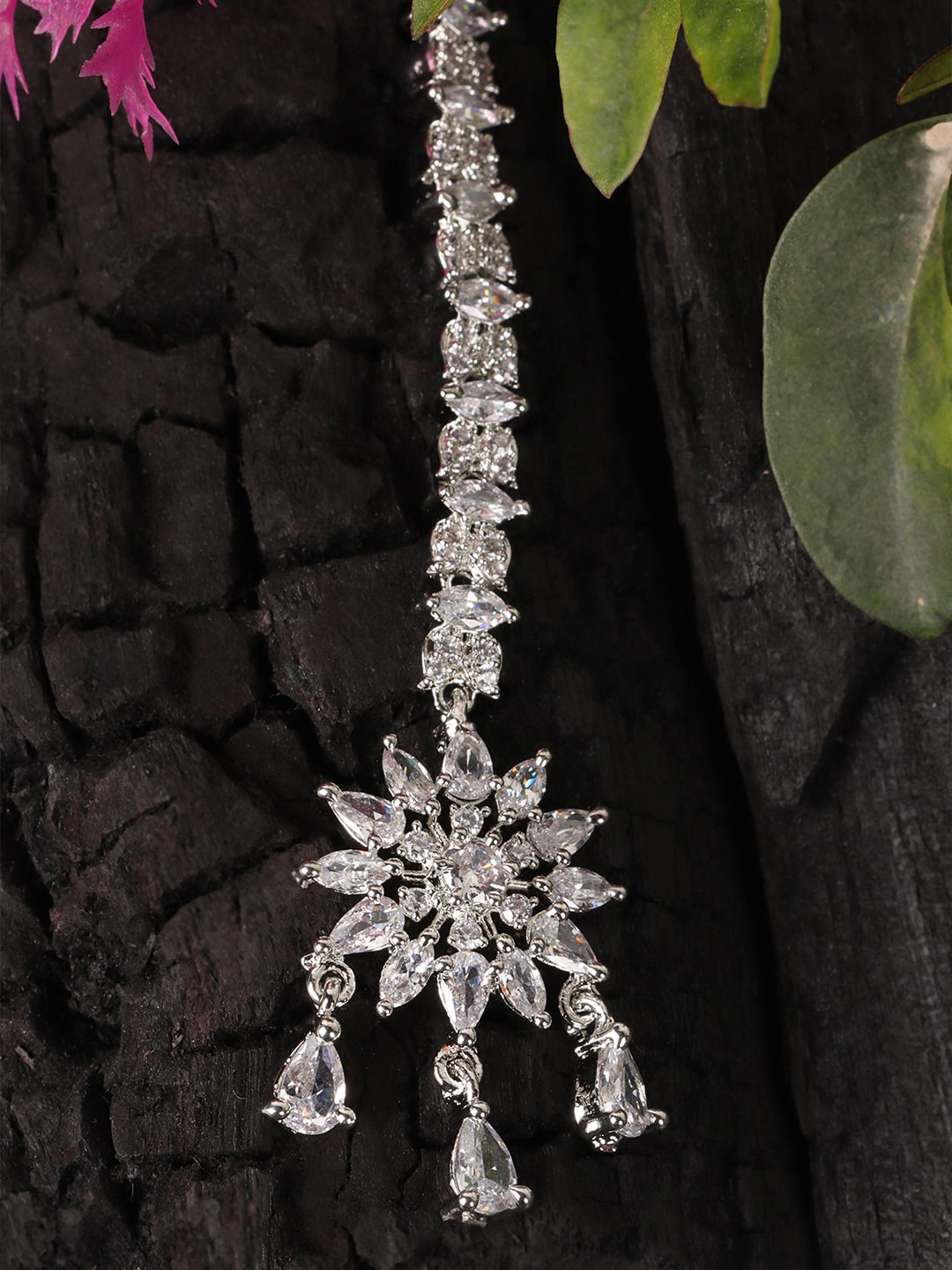 

JEWELS GEHNA Silver-Plated & White AD-Studded Circular Shape Maangtika
