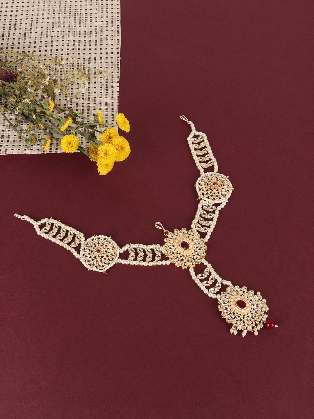 

JEWELS GEHNA Gold-Plated Maroon & White Kundan-Studded Matha Patti