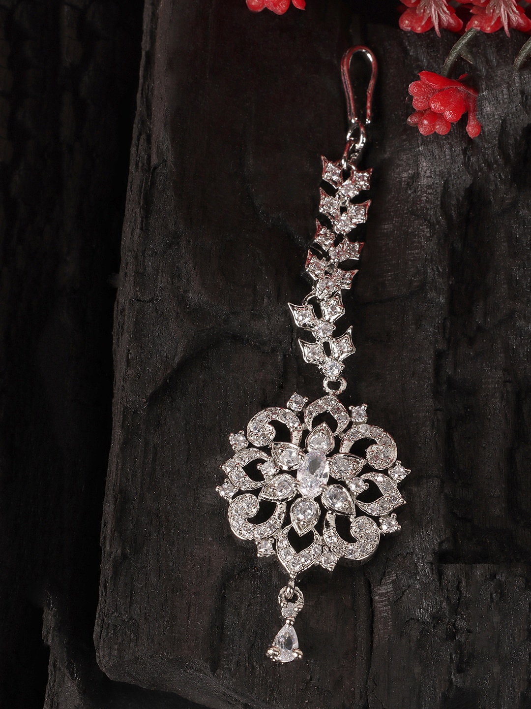 

JEWELS GEHNA Silver Plated Silver AD Studded Circular Shaped Maangtika