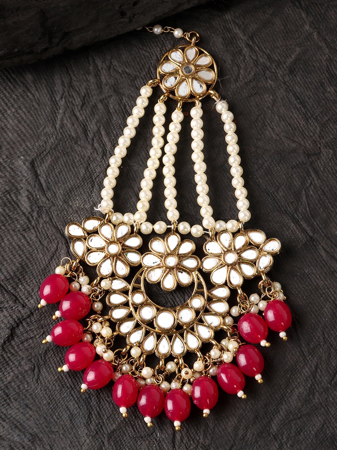

JEWELS GEHNA Gold-Plated Red Kundan-Studded & Pearl Beaded Jhumar Passa